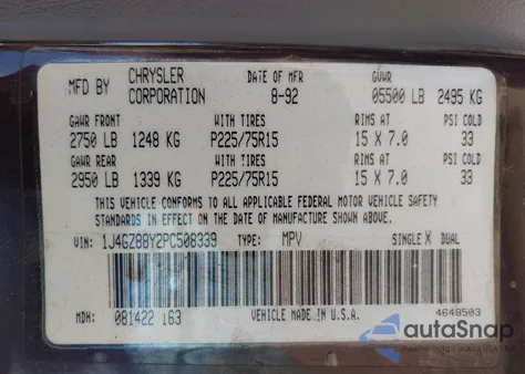 1993 Jeep Grand Cherokee Sport z USA, uszkodzony, nr VIN 1J4GZ88Y2PC508339